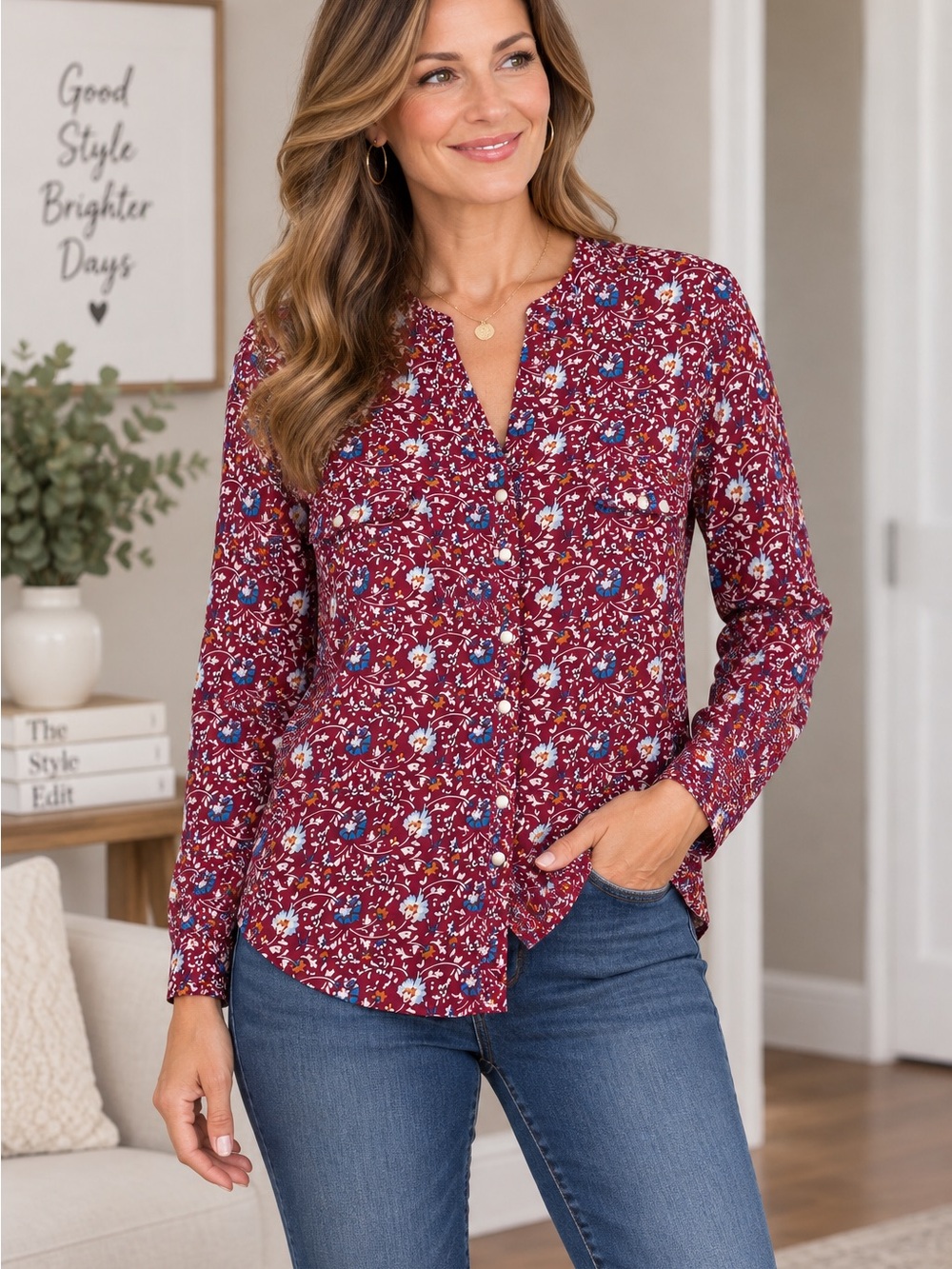 Laura Scott Burgundy Floral Button-Down Blouse XL